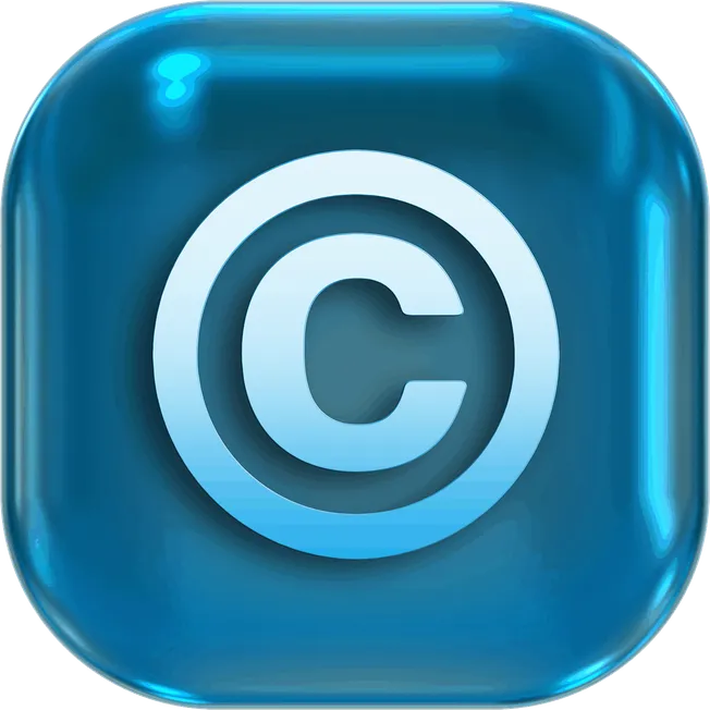 Blue copyright icon button on digital platform or website, symbolizing content ownership and intellectual property rights for
