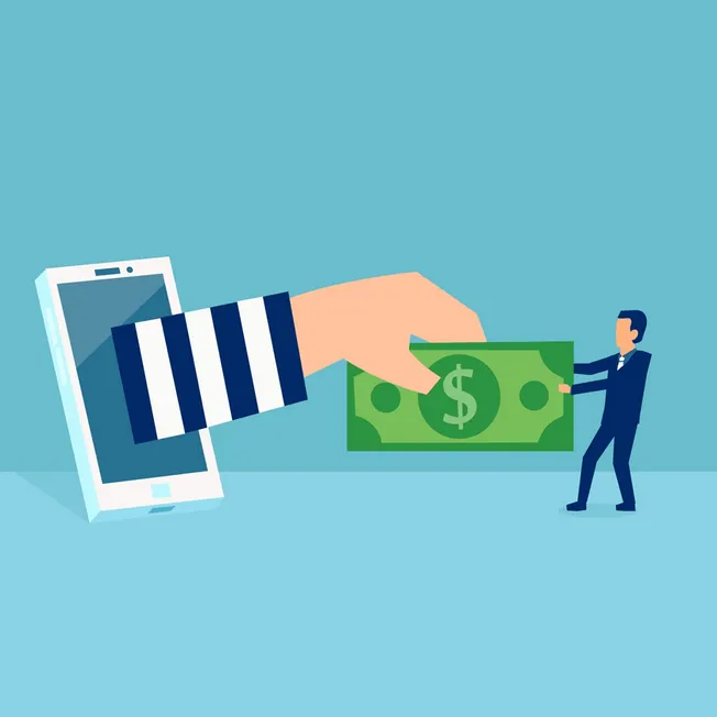 Hand extending from smartphone giving money to a businessman holding a dollar bill in a digital transaction, representing onl