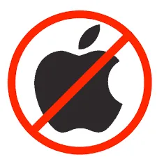 No Apple logo with a prohibition sign, symbolizing restriction or disapproval of Apple products.