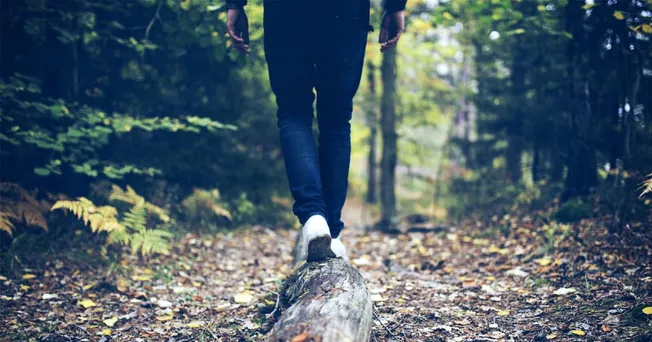 Walking person balancing on log in forest nature trail during daytime.