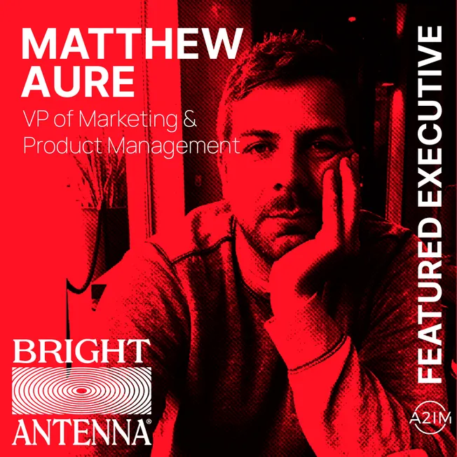 Matthew Aure VP of Marketing and Product Management at Bright Antenna featuring a bold red and black promotional design for F