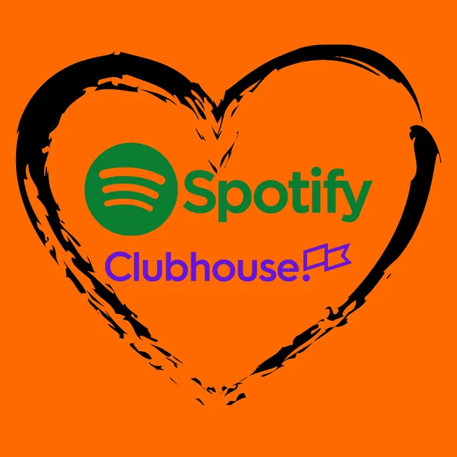 Spotify logo with Clubhouse icon inside a black heart on an orange background, representing music streaming and social audio