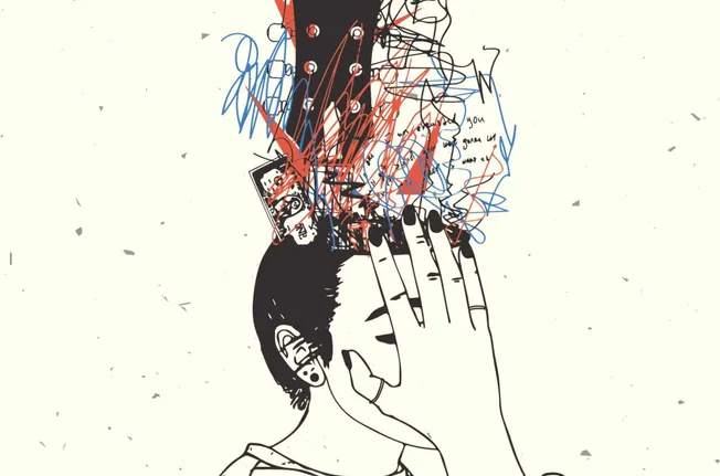 Mindfulness and mental health awareness concept with a woman holding her face, colorful scribbles, and handwritten notes symb