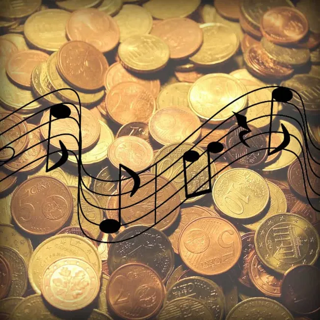 Coins and musical notes overlay representing music industry revenue and monetization.