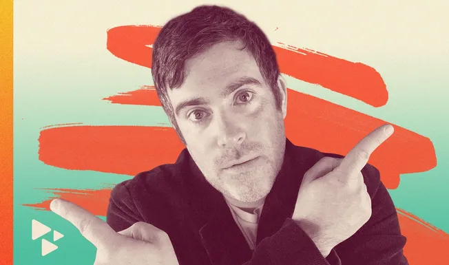 Brightly colored digital art illustration of a man pointing with both hands, set against an abstract orange paint stroke back