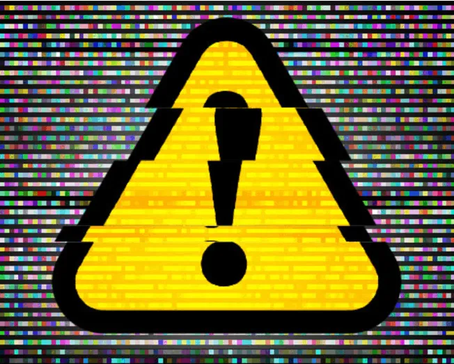 Warning sign with glitch effect, digital hazard icon, caution symbol in yellow and black, tech alert warning, digital glitch