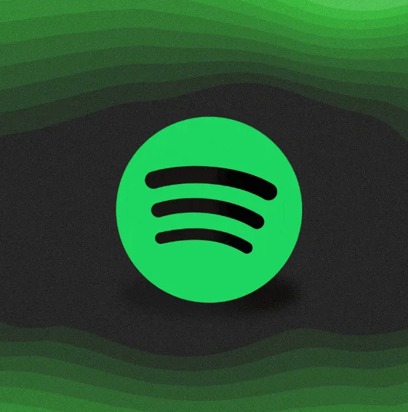 Spotify logo on dark background with green gradient waves, music streaming service icon for music industry, digital audio pla