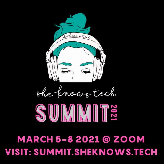 Female illustration wearing headphones with a teal beanie and closed eyes at the Hypebot She Knows Tech Summit 2021, promotin