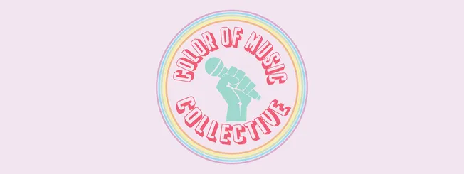 Colorful music collector logo with a microphone illustration and rainbow-colored border for music industry branding and creat