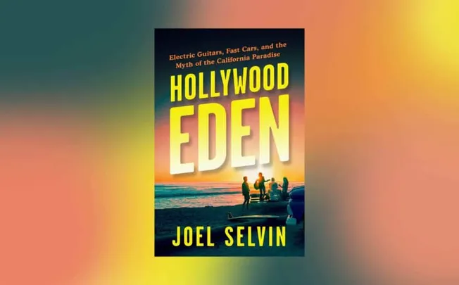 Electric guitars, sunset beach scene from the book Hollywood Eden by Joel Selvin featuring a band playing on California shore