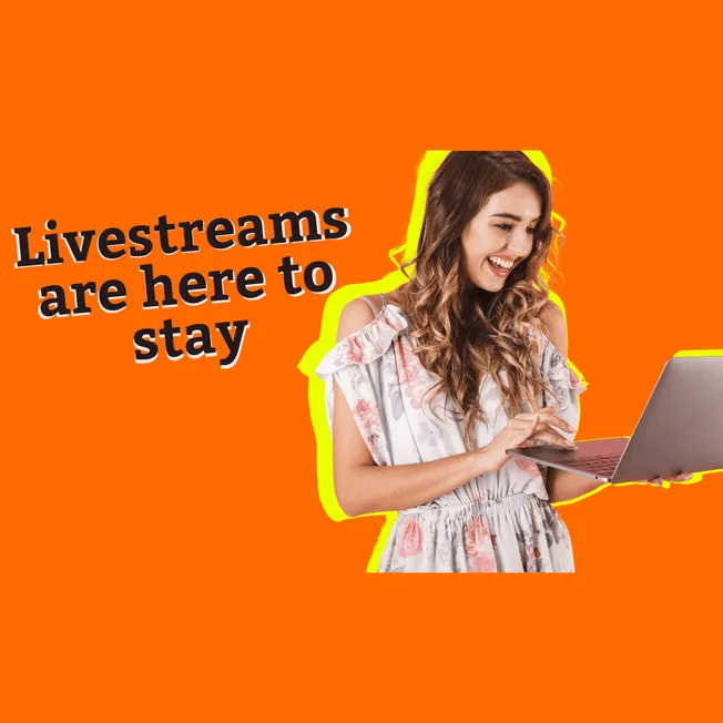 A young woman smiling while using a laptop with vibrant orange background and bold text about livestreams; digital content, l