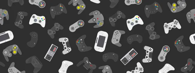 Vibrant gaming controllers and handheld consoles in various styles scattered on a dark background, highlighting video game in