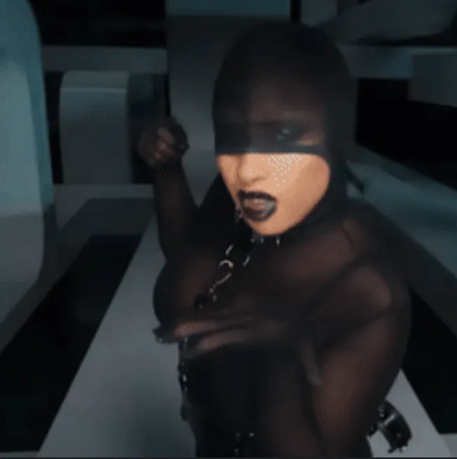 Hypebot, edgy digital artist with futuristic dark fashion and bold makeup, emphasizes music innovation and underground cultur