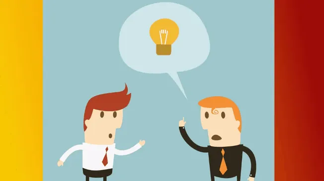 Innovative business ideas brainstorming, two cartoon businessmen discussing creative solutions, light bulb thought bubble, of