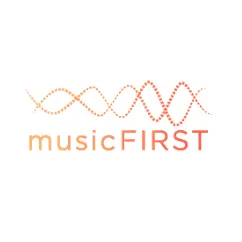 Unique logo design for musicFIRST organization, featuring interconnected waveforms in orange shades representing music and ad