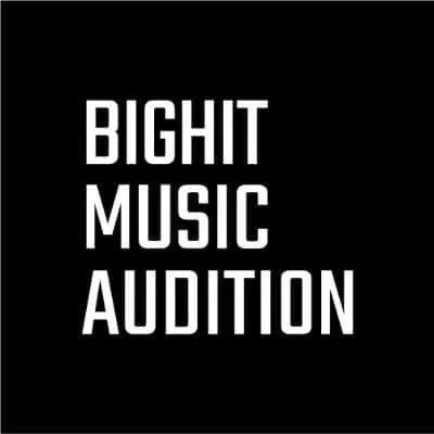 Bighit Music Audition promotional logo with bold white text on black background, highlighting opportunities in the K-pop musi