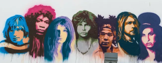 Vivid multi-colored mural of famous music icons, street art graffiti style, showcasing pop culture, creative urban art, and m