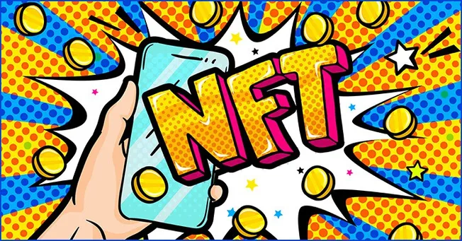 NFT digital collectible artwork displayed on a smartphone screen with vibrant comic-style background.