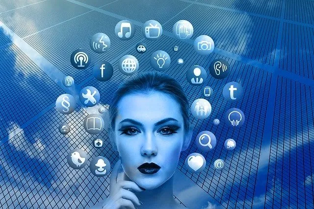 Advanced digital woman surrounded by social media and technology icons, symbolizing online marketing, digital content, and mu