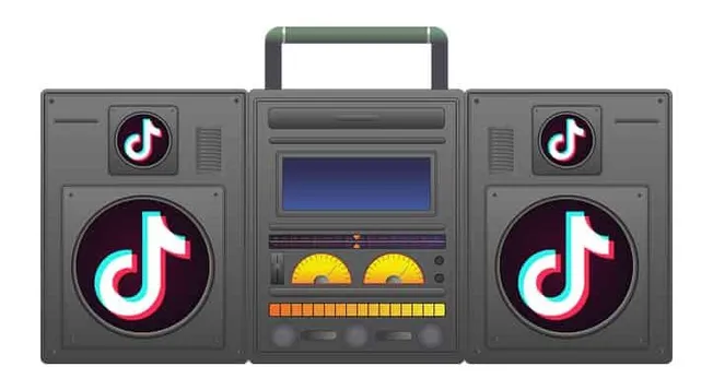 High-quality digital illustration of a DJ-style boombox with TikTok logos on speakers, representing music streaming, social m