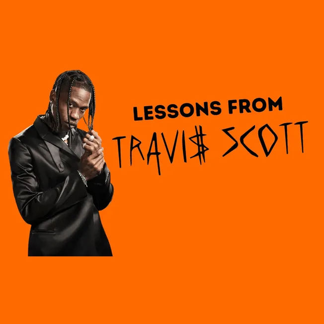 Artist Travis Scott with bold orange background, promoting lessons in music and branding strategies. Focus on hip-hop artist,