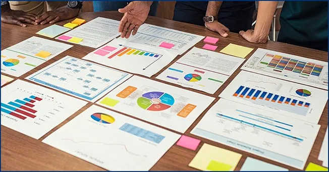 - Various business charts and graphs printed on paper spread across a wooden table, with people analyzing data and discussing