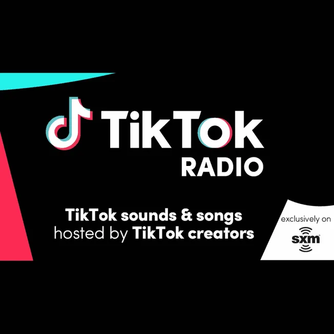 TikTok Radio logo featuring TikTok sounds and songs hosted by TikTok creators, available exclusively on SiriusXM, highlightin