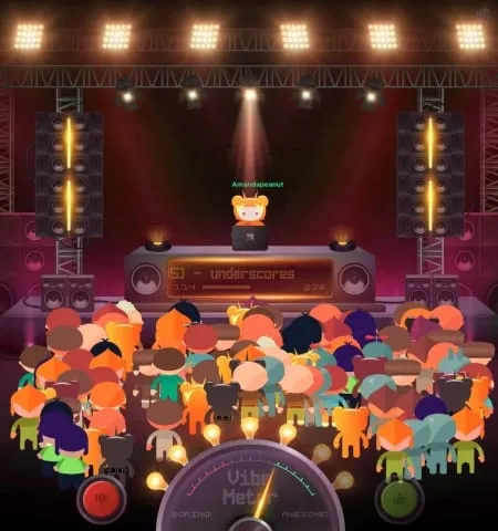 Vibrant concert scene featuring a DJ on stage with colorful audience, loudspeakers, and dynamic lighting effects, capturing e