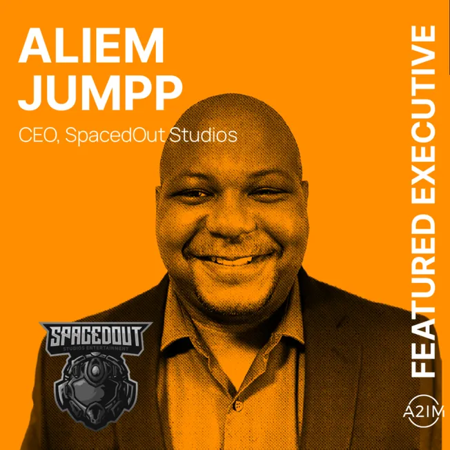 Aliem Jummp CEO SpacedOut Studios featured in a vibrant orange promotional graphic for Hypebot, highlighting his leadership i