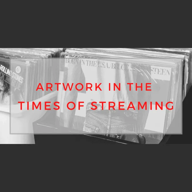 Vinyl records on a shelf with overlay text artwork in the times of streaming.