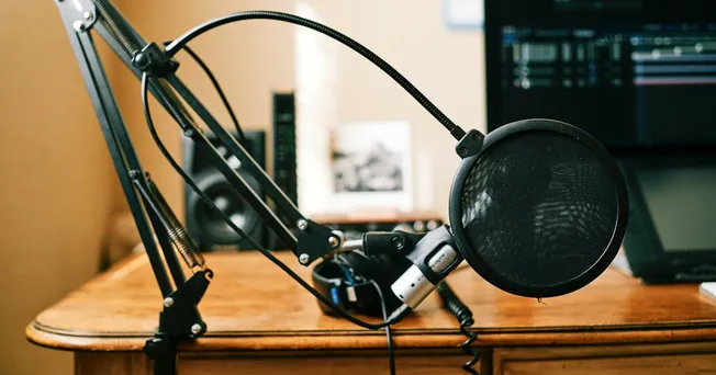 High-quality podcast microphone with adjustable arm on a wooden desk for professional music, radio, or podcast recording setu