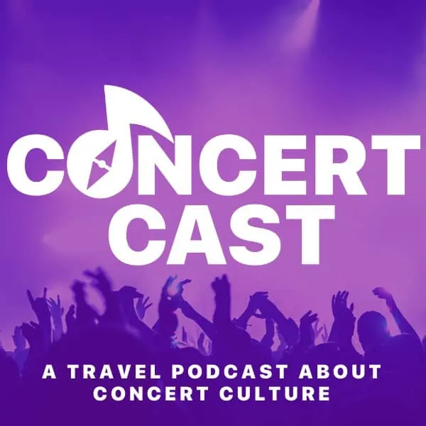 Concert cast logo with musical note and crowd silhouette, music podcast, concert culture, travel podcast about live music and