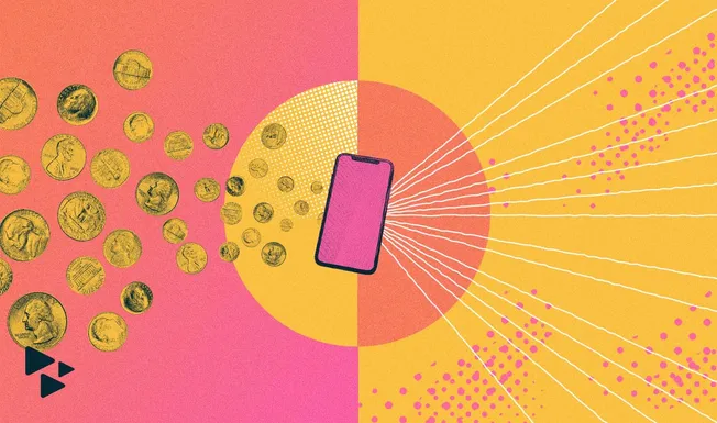 Coins flowing into a smartphone representing digital currency and cryptocurrency trends.