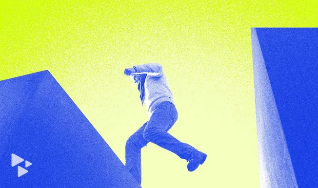 Man jumping between blue and yellow abstract shapes in a modern digital art style, with focus on music industry innovation an
