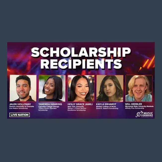 Scholarship recipients announcement featuring diverse students from top universities, highlighting Live Nation and Music Forw