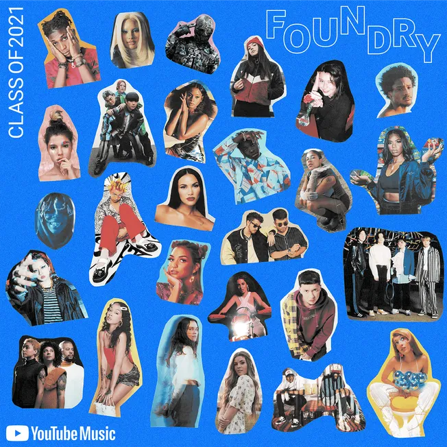 People collage featuring diverse musicians and artists for YouTube Music background image, vibrant and energetic, focusing on