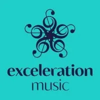 Octopus logo with "exeleration music" text, vibrant teal background, modern design, music industry branding, creative illustr