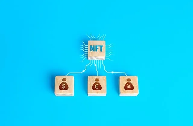 NFT digital asset concept with currency symbols on wooden blocks connected to a microchip on blue background, illustrating bl