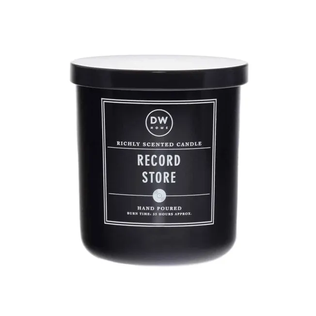 Black scented candle with white label featuring "Record Store" branding and "DW Home" logo, ideal for music lovers and home d