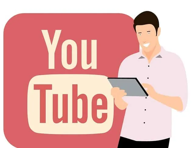 YouTube logo with a person holding a tablet, representing YouTube content creation and digital media.