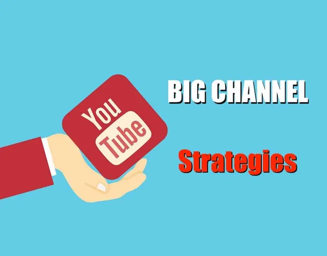 YouTube logo held in hand on a bright blue background with text about big channel strategies.