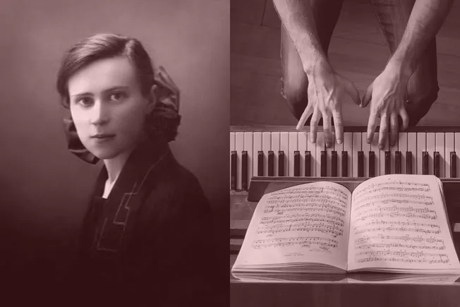 Elegant vintage portrait of a young woman with musical inspiration, split-screen design showcasing piano and sheet music for