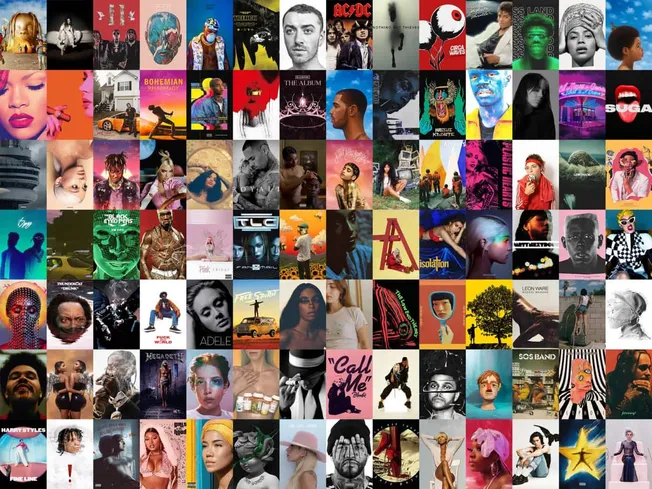 Urban music album cover collage featuring diverse artists, vibrant colors, modern designs, and music-related visuals for musi