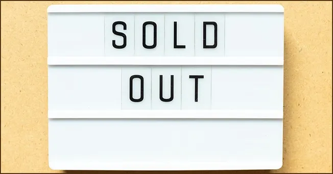 Sold out sign on a white background, representing event or product sale completion, popular in retail, ecommerce, and marketi