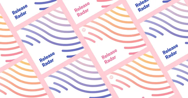 "Release Radar promotional graphic featuring colorful abstract wave patterns in pink, purple, and orange with text overlay.".