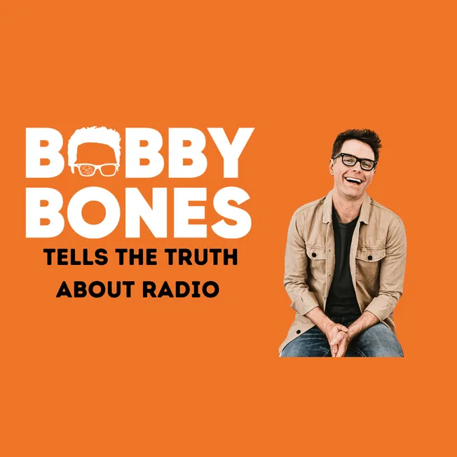 Bobby Bones podcast cover featuring a smiling man with glasses sitting against an orange background, promoting radio industry