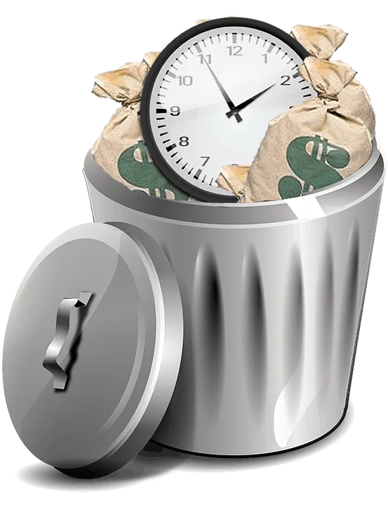 Alarm clock nestled in a trash can filled with money bags, symbolizing wasting time and money or financial loss. Ideal for to