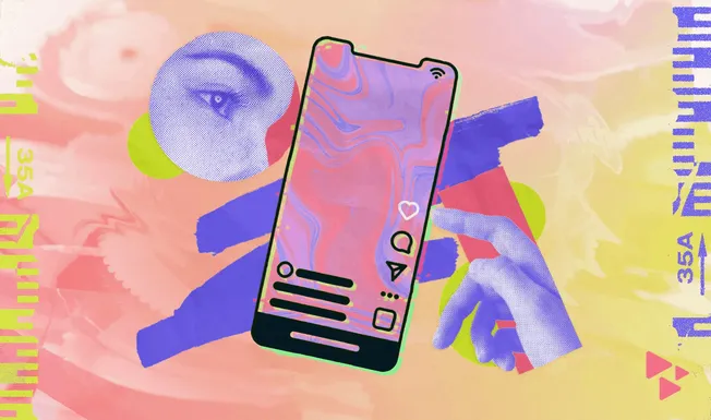 A colorful digital collage featuring a smartphone with social media icons, abstract shapes, and eye-catching visuals, emphasi