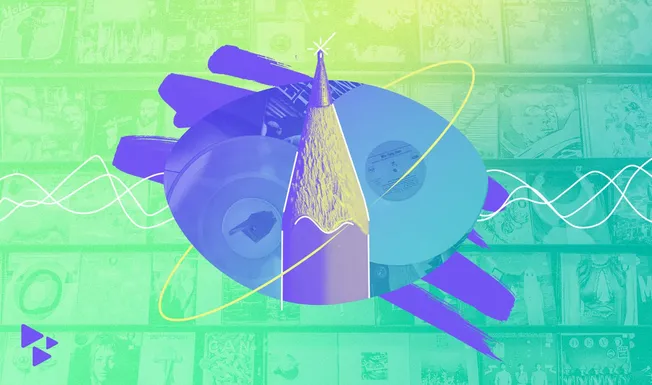 Vintage vinyl records and a stylus on abstract digital background, representing music industry, streaming, and music technolo