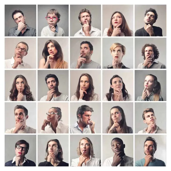 Thoughtful diverse individuals with pensive expressions, representing curiosity and contemplation for creative brainstorming,